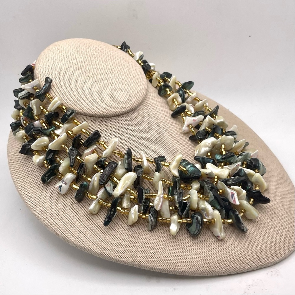 Incredible Vintage Mother of Pearl and Abalone Multi Strand Bib Necklace - Picture 3 of 11